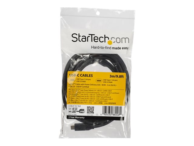 Image of StarTech.com USB C To USB C Cable - 10 ft / 3m - USB-IF Certified - 5A PD - USB 2.0 - USB Type C Charging Cable - USB C Fast Charge Cable (USB2C5C3M) - USB-C cable - 24 pin USB-C to 24 pin USB-C - 3 m