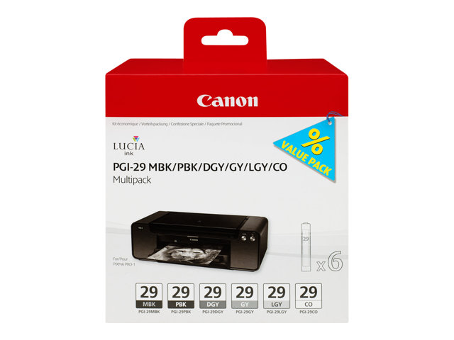 Image of Canon PGI-29 MBK/PBK/DGY/GY/LGY/CO Multipack - 6-pack - grey, light grey, dark grey, matte black, photo black, chroma optimiser - original - ink tank