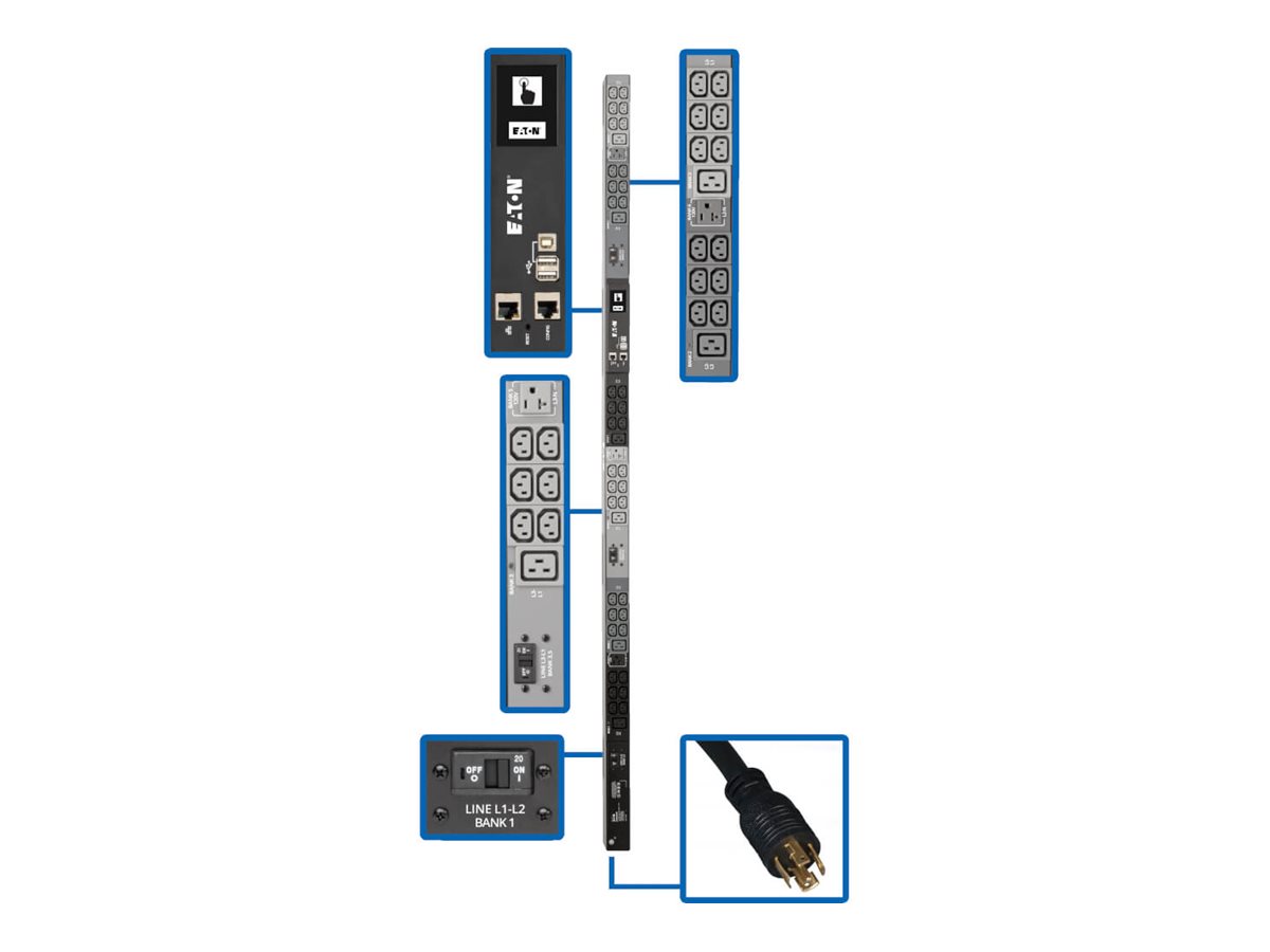 Tripp Lite 8.6kW 3-Phase Monitored PDU, LX Interface, 208/120V Outlets (36 C13/6 C19/3 5-15/20R), LCD, NEMA L21-30P, 1.8m/6 ft. Cord, 0U 1.8m/70in. Height, TAA