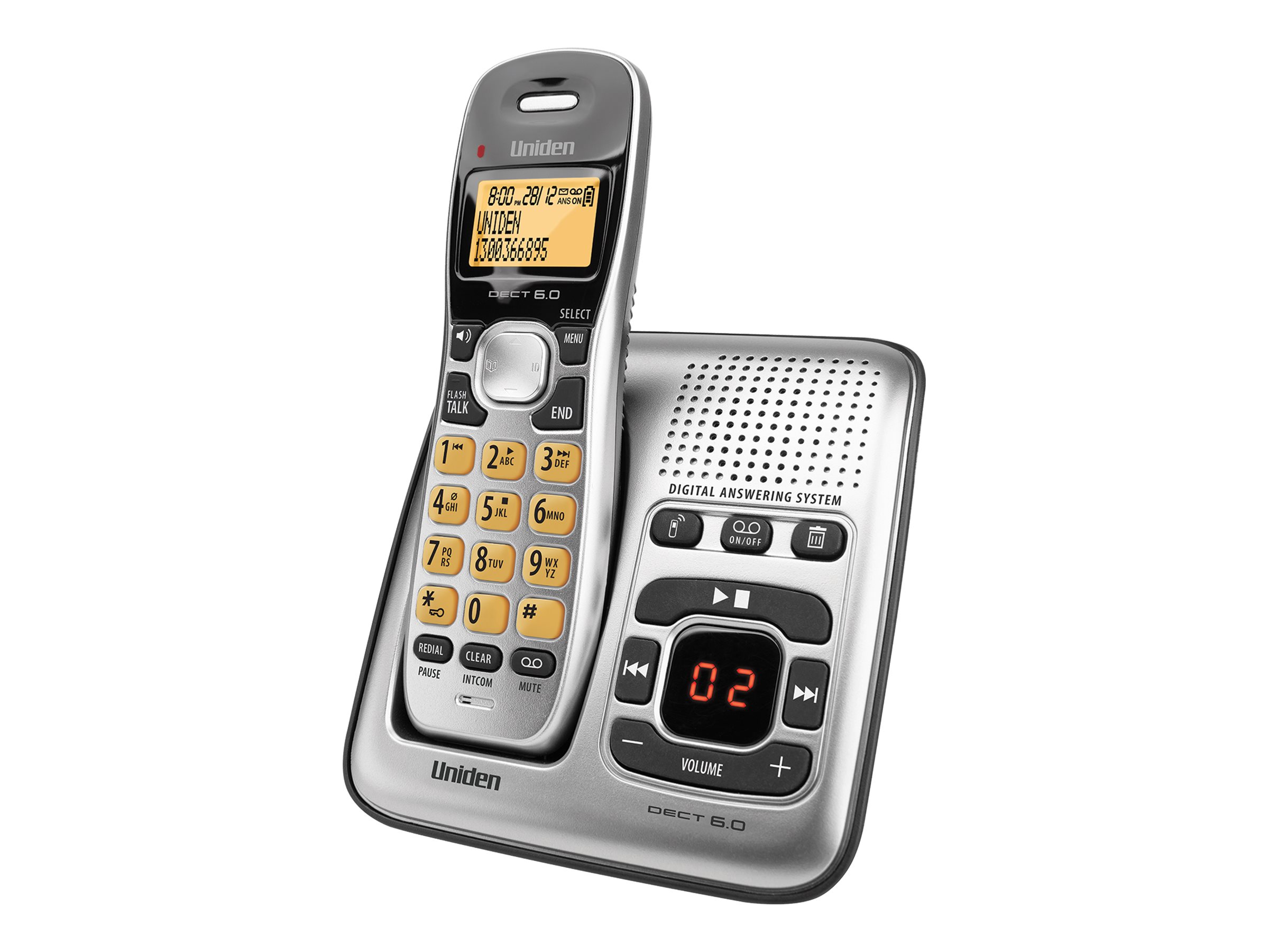Uniden DECT 1735 cordless phone answering system with caller ID/call waiting 3-way call Product shot Right-angle 80000