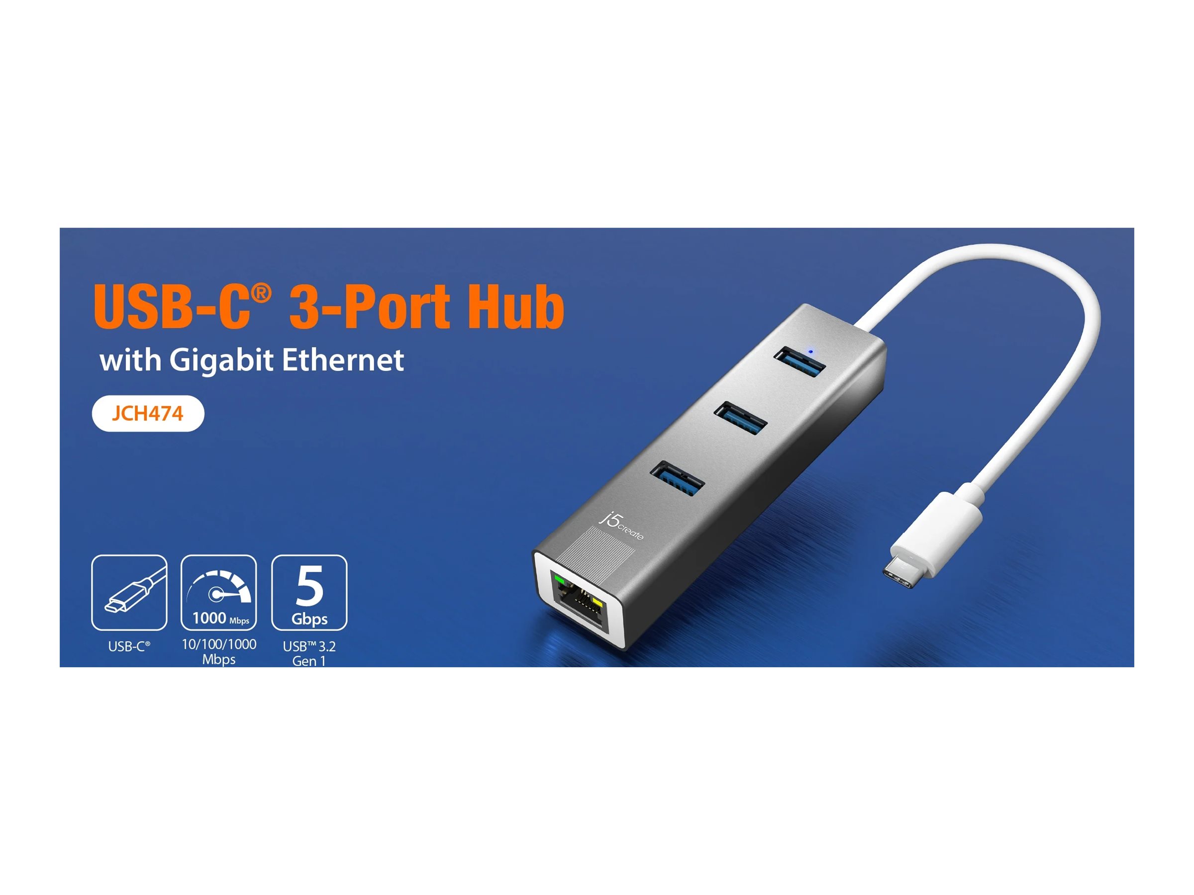 j5create JCH474, hub, USB-C, with Gigabit Ethernet, 3 ports