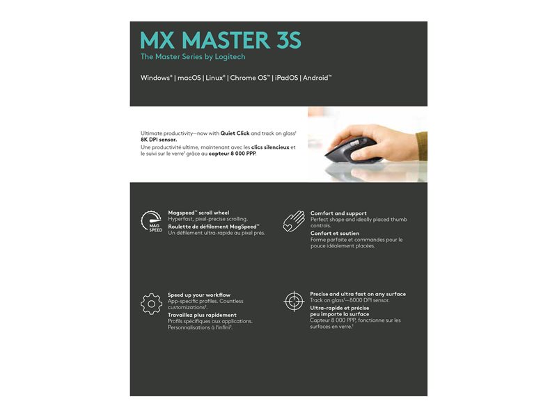 Logitech Master Series MX Master 3S - souris - Bluetooth, 2.4 GHz