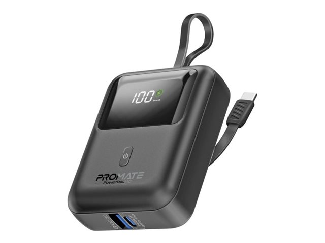 Promate POWERPOD-10 power bank ultra compact with built-in USB-C cable Li-Ion USB 24 pin Product shot Right-angle 79400
