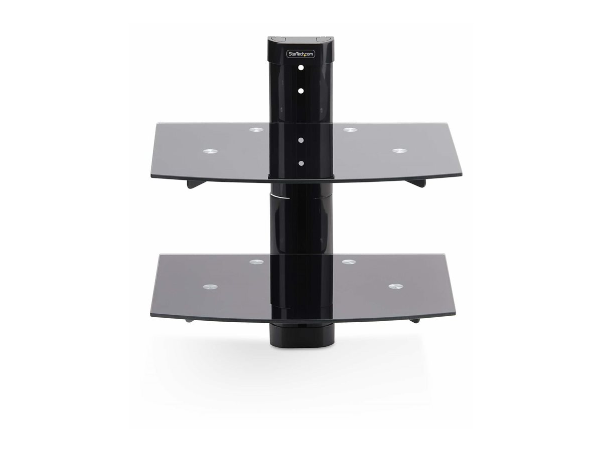 StarTech.com Dual Floating Wall-Mounted AV Shelves, Adjustable Height Shelf For Under TV, Organize A/V Equipment On Black Tempered Glass Shelves police - pro komponenty audio/video - černá – foto 2