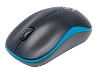 Manhattan Success Wireless Mouse, Black/Blue, 1000dpi, 2.4Ghz (up to 10m), USB, Optical, Three Button Scroll Wheel, USB micro receiver, AA battery (included), Low friction base, Blister Optisk Trådløs Sort Blå