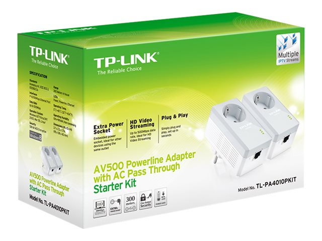Image of TP-Link TL-PA4010PKIT AV500+ Powerline Kit with AC Pass Through - powerline adapter kit - wall-pluggable