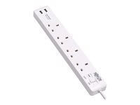 Tripp Lite 4-Outlet Power Strip with USB-A Charging - BS1363A Outlets, 220-250V, 13A, 1.8 m Cord, BS1363A Plug, White - power