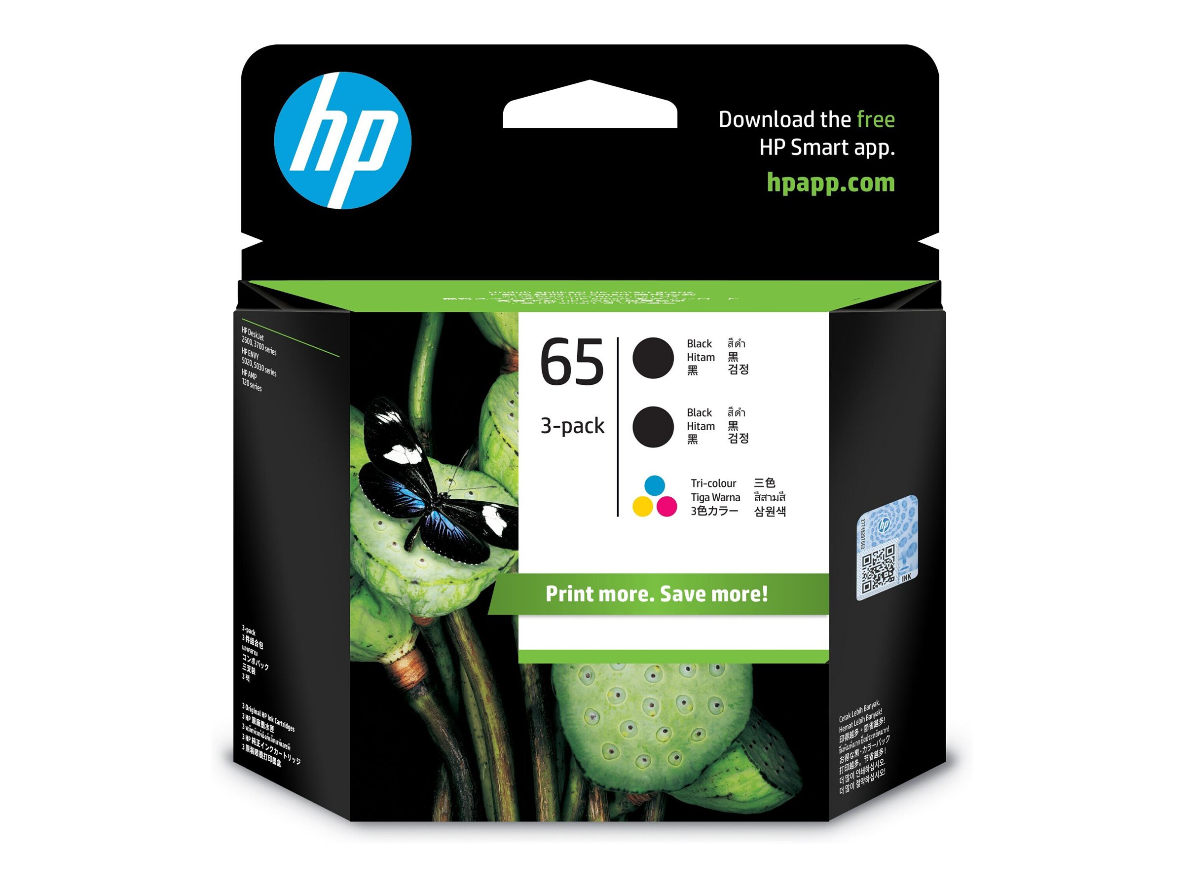 HP 65 3-pack colour (cyan magenta yellow) black original ink Product shot Front 79951