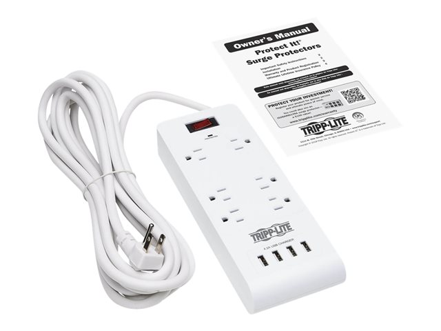 Tripp Lite 6-Outlet Surge Protector with 4 USB Ports (4.2A Shared) - 15 ft. Cord, 5-15P Plug, 900 Joules, White - Surge protector - 15 A - AC 120 V - 1800 Watt - output connectors: 6 - 4.57 m cord - white