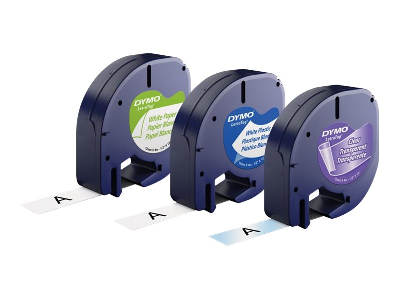 LETRA TAG 3 PAK TAPE, 1/2 X 13, 1 WHITE PAPER TAPE, 1 WHITE PLASTIC, 1 CLEAR PLA