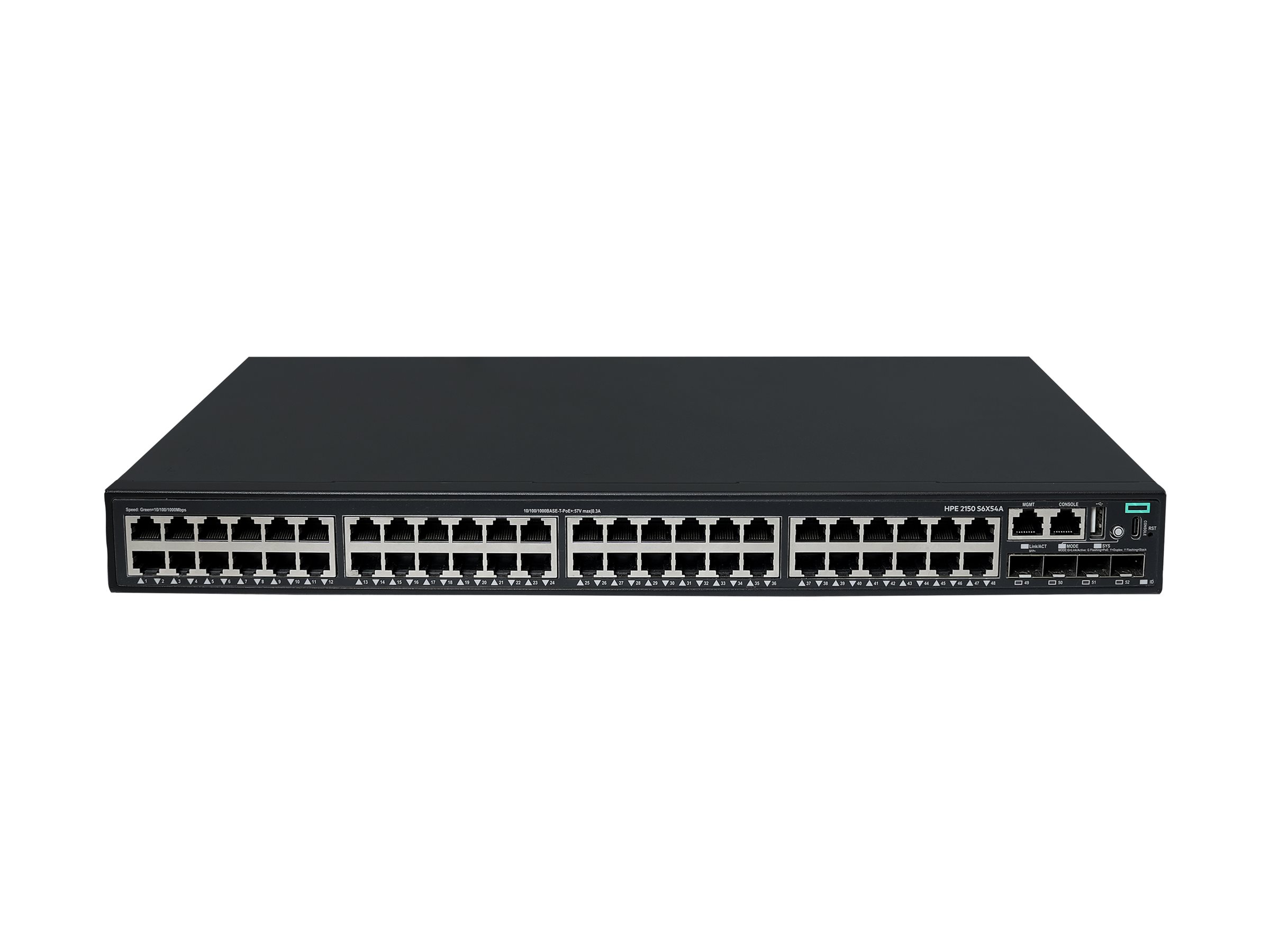 HPE Networking Comware 5150L 48p 10M/100M/1G PoE+ 4p SFP+ 1G/10G 770W Switch switch 48 ports Product shot Right-angle 80000