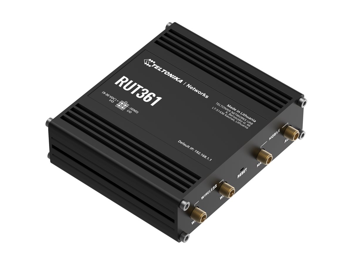 Teltonika RUT361 wireless router WWAN Wi-Fi 3G 4G DIN rail mountable wall-mountable Product shot Right-angle 79850