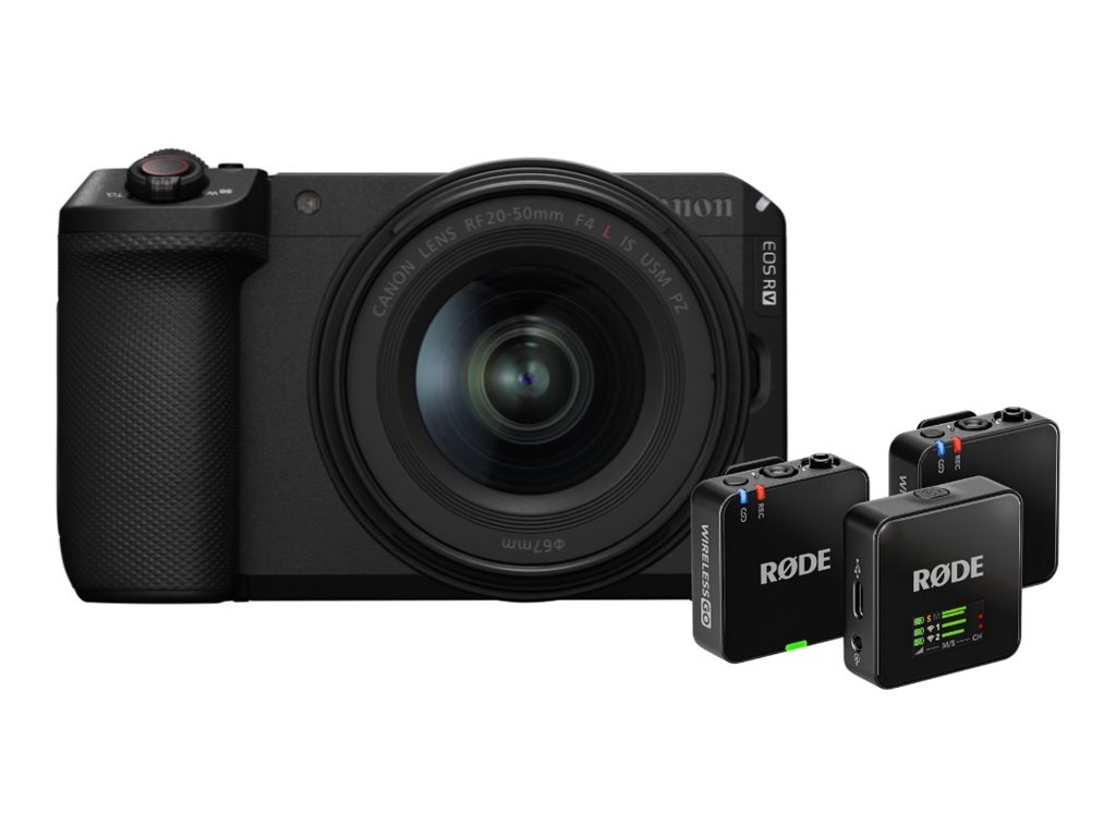 Canon EOS R6 V digital camera RF 20-50mm F4 L IS USM PZ lens with RODE Wireless Product shot Front 79650