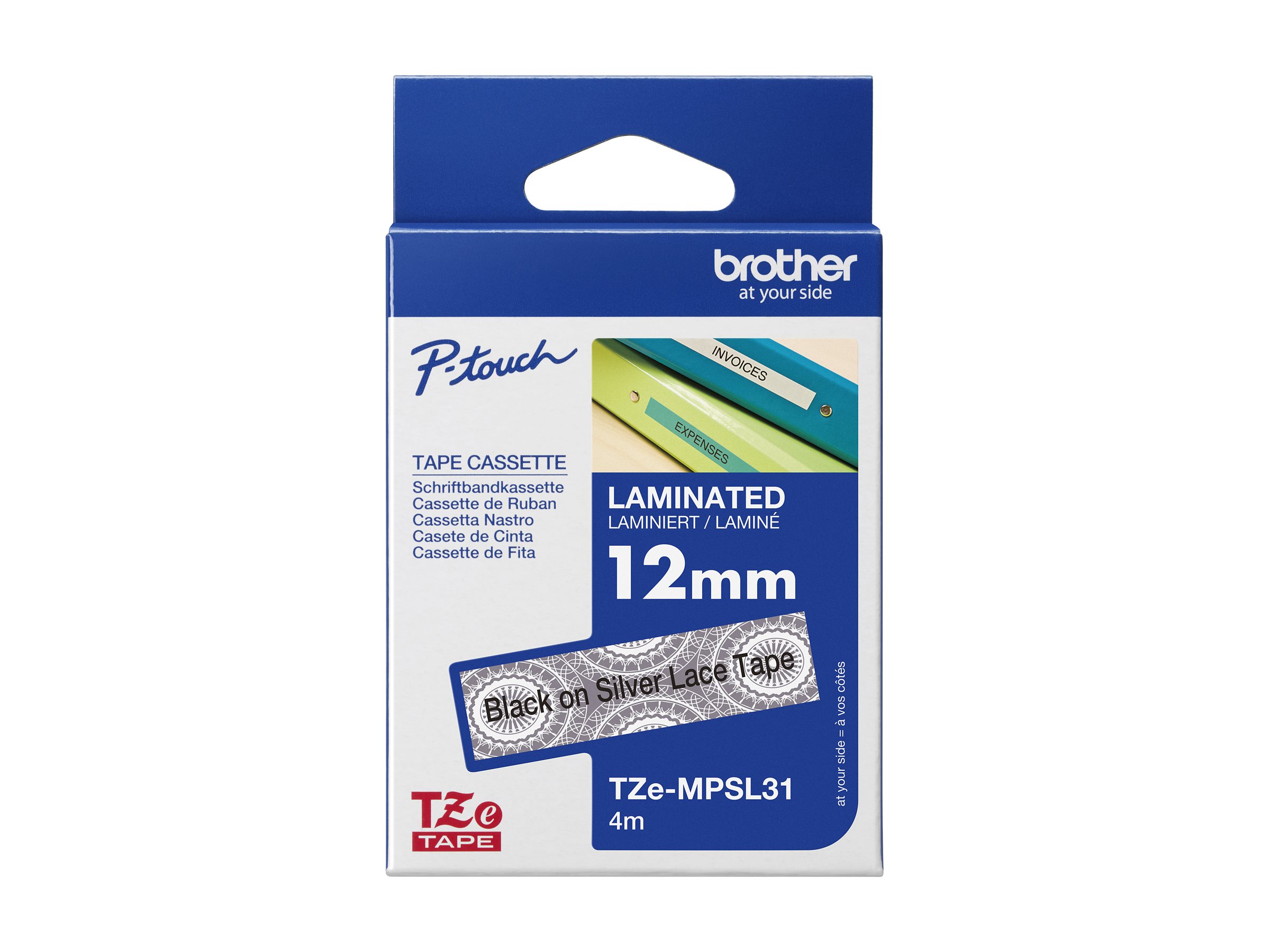 Ruban laminé Noir/Motifs Dentelle Argent 12mm