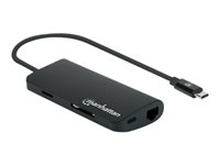 Manhattan USB-C Dock/Hub Card Reader - Ports (x5): , USB-A (3) and USB-C, With Power Delivery to USB-C Port, Cable 30cm, Aluminium, Black, Three Year Warranty, Retail Box Dockingstation