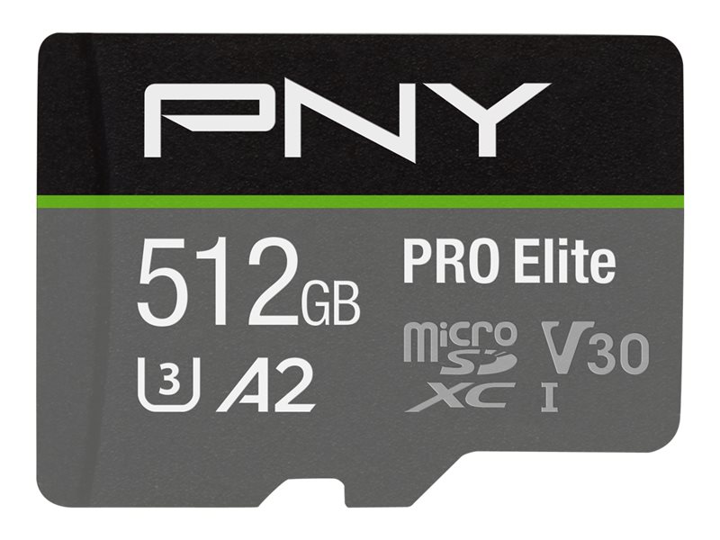 PNY PRO Elite - Flash-Speicherkarte (microSDXC-an-SD-Adapter inbegriffen) - 512 GB - A2 / Video Class V30 / UHS-I U3 / Class10 - microSDXC UHS-I