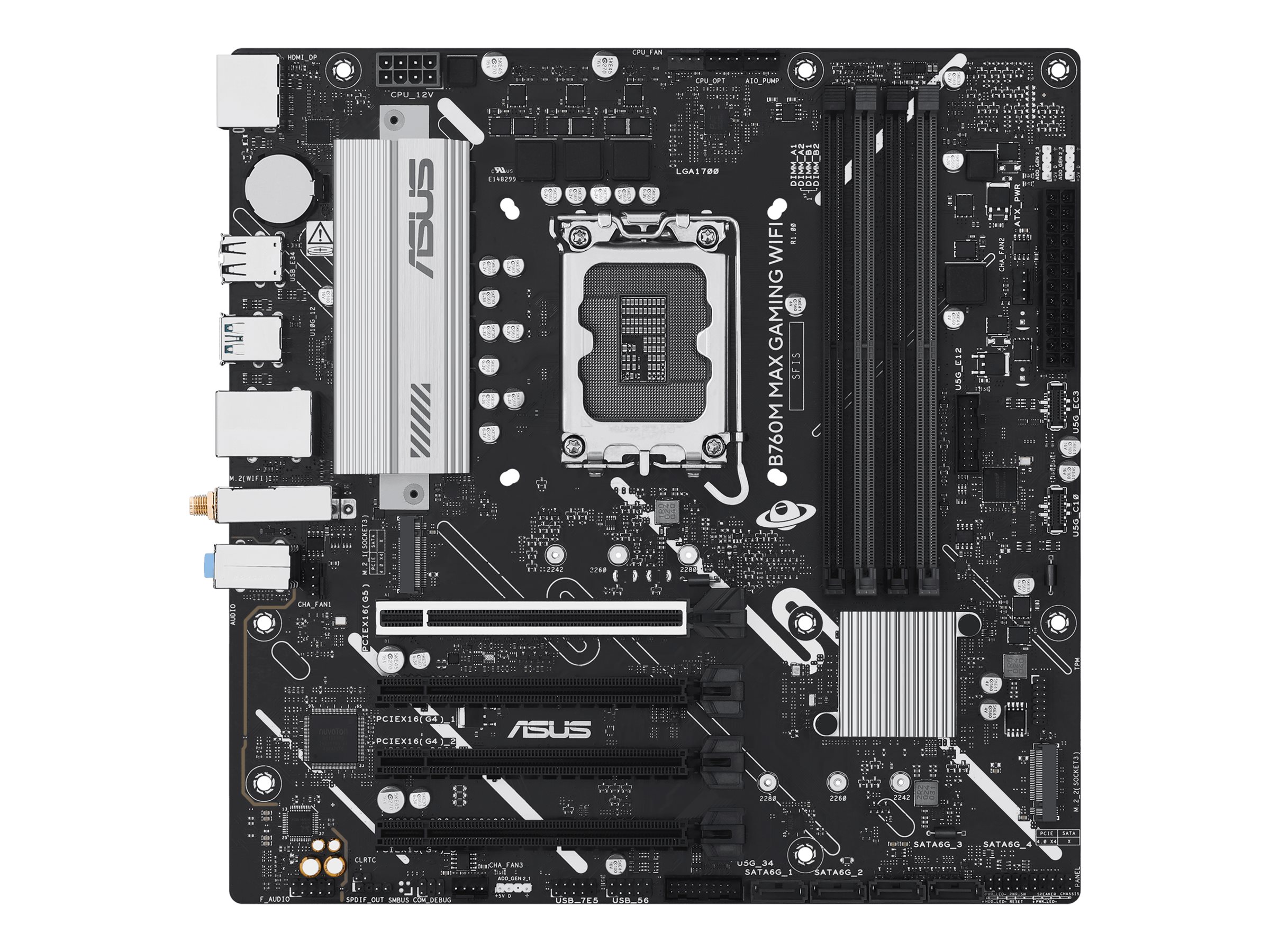ASUS B760M MAX GAMING WIFI motherboard micro ATX LGA1700 Socket Product shot Front 80025