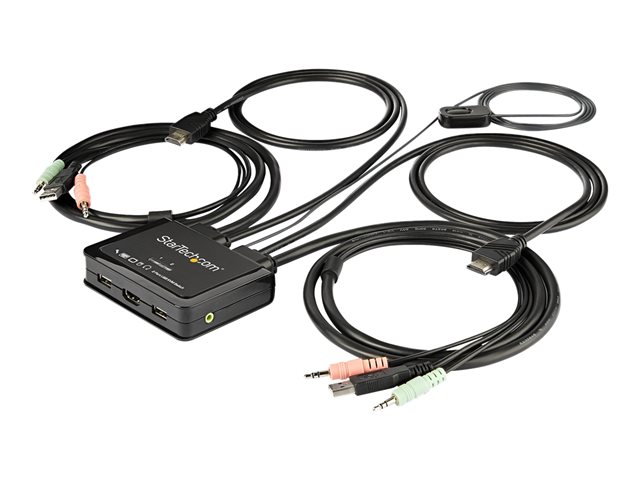 Image of StarTech.com 2 Port HDMI KVM Switch, 4K 60Hz, Compact Dual Port UHD/Ultra HD USB Desktop KVM Switch with Integrated 4ft Cables & Audio, Bus Powered & Remote Switching, MacBook ThinkPad - 4K KVM Switch w/ Audio (SV211HDUA4K) - KVM / audio switch - 2 ports