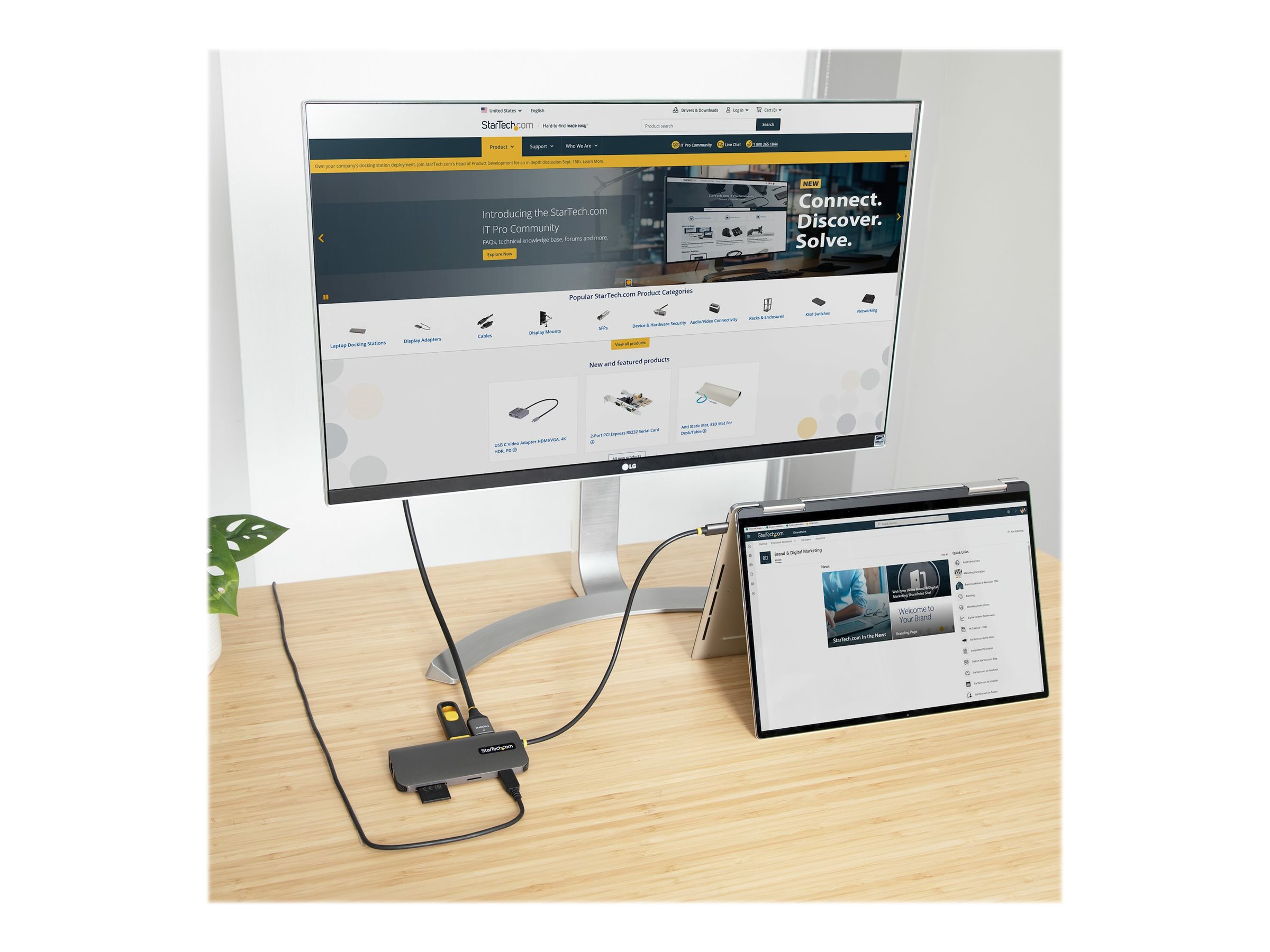 Startech USB C Multiport Adapter 4K 60Hz HDMI Video 3 Pt 5Gbps USB-A Hub 100W Power Delivery Usage / lifestyle Left-angle 72756