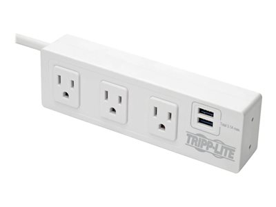 Tripp Lite 3-Outlet Surge Protector Power Strip with 2 USB Ports, 10 ft. Cord (3.05m) - 510 Joules, Desk Clamp, White Housing