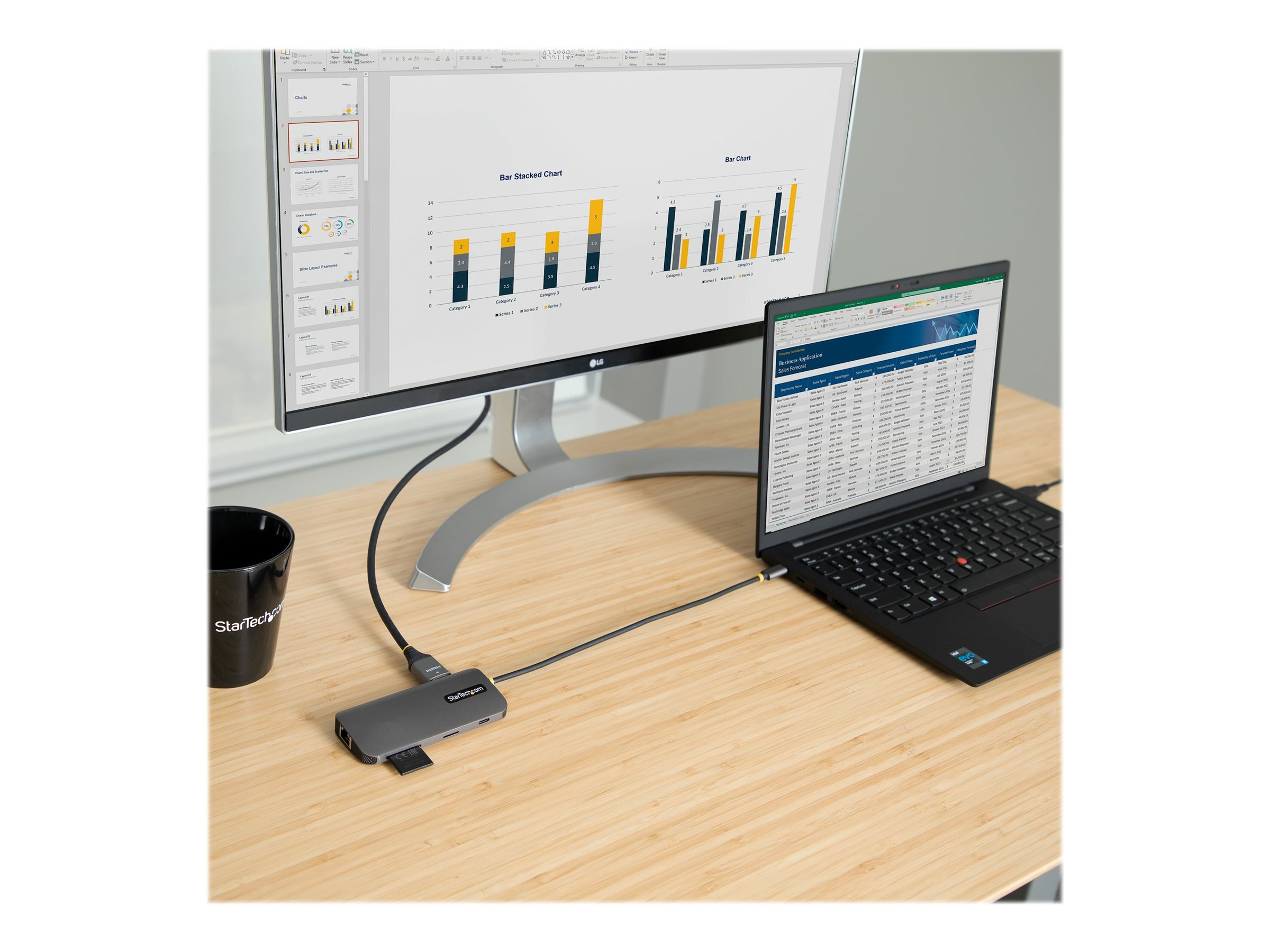 Startech USB C Multiport Adapter 4K 60Hz HDMI Video 3 Pt 5Gbps USB-A Hub 100W Power Delivery Usage / lifestyle Left-angle 72757