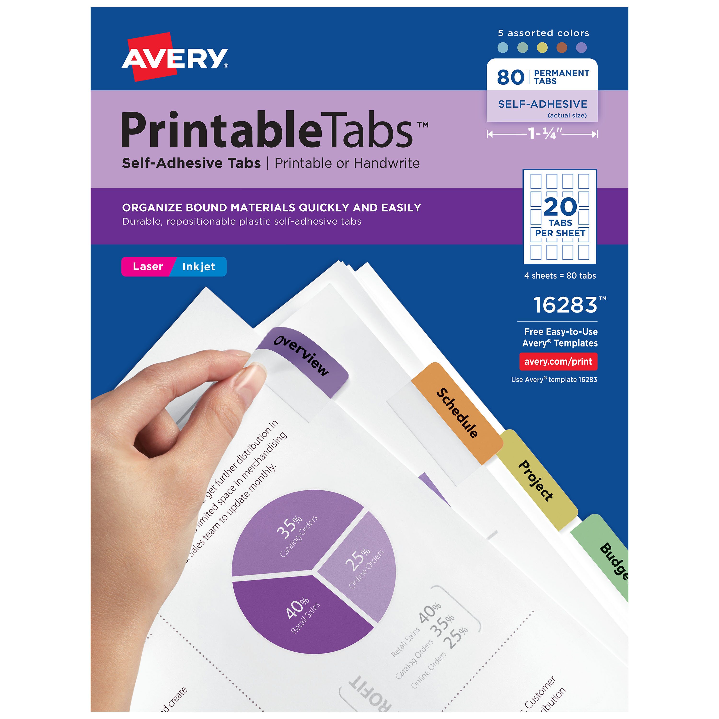 Printable Self-Adhesive Tabs 1.75" x 1" AVERY 16283 80/Pk 5 Assorted Colors 