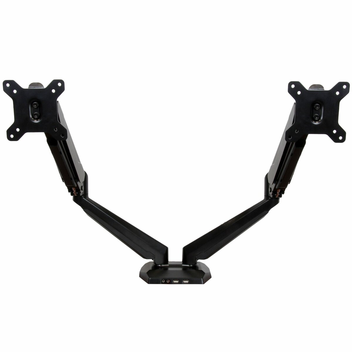 folie 1 von 9, vergrößern, schreibtischhalterung für zwei monitore mit usb & audio, schreibtischklemme vesa-halterung für bis zu 32" (8kg) bildschirme, ergonomischer, voll beweglicher doppelmonitorarm - schwarz