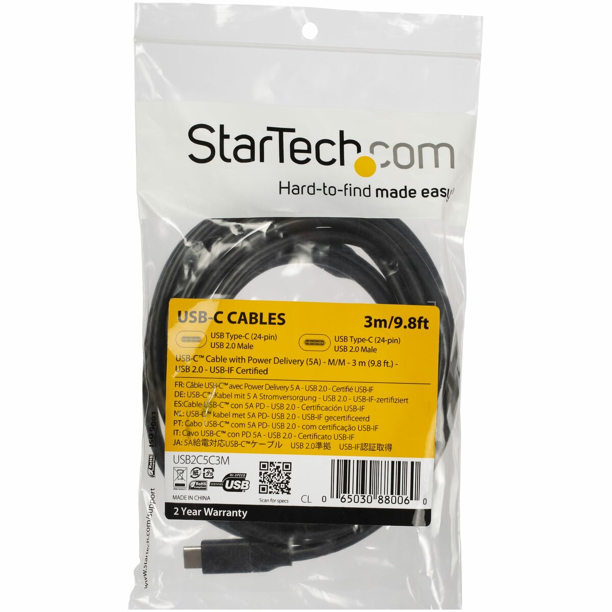 folie 4 von 4, vergrößern, usb-c auf usb-c kabel mit 5a power delivery - st/st - 3m - usb 2.0 - usb-if zertifiziert - usb typ c kabel (usb2c5c3m)