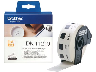 Original Brother DK11219 rund label – sort på hvid, Ø 12 mm