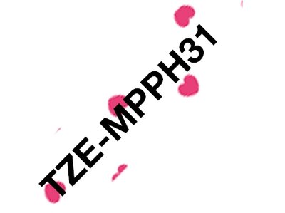 Original Brother TZe-MPPH31 tape – sort på lyserøde hjerter, 12 mm bred