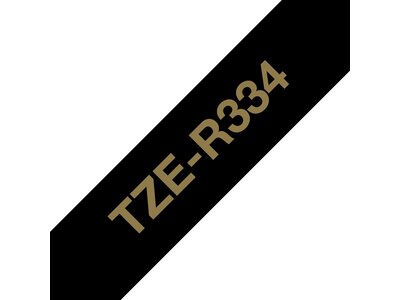 Originalt Brother TZe-R334 satinbånd – Guld på sort, 12 mm bredt