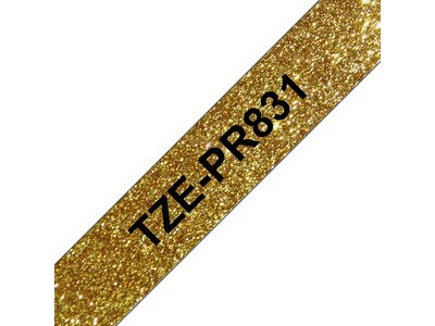 Original Brother TZePR831 tape – sort på glimtende guld, 12 mm bred
