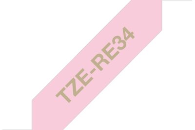 Originalt Brother TZe-RE34 satinbånd – guld på lyserød, 12 mm bred