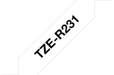 Original Brother TZe-R231 satinbånd – sort på hvid, 12 mm bred