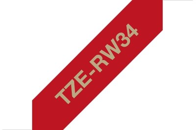 Originalt Brother TZe-RW34 satinbånd – guld på vinrød, 12 mm bred