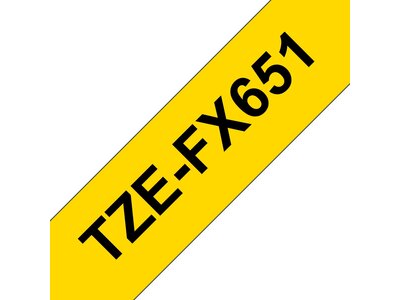 Original Brother TZe-FX651 fleksibel laminrede tape – sort på gul, 24 mm bred