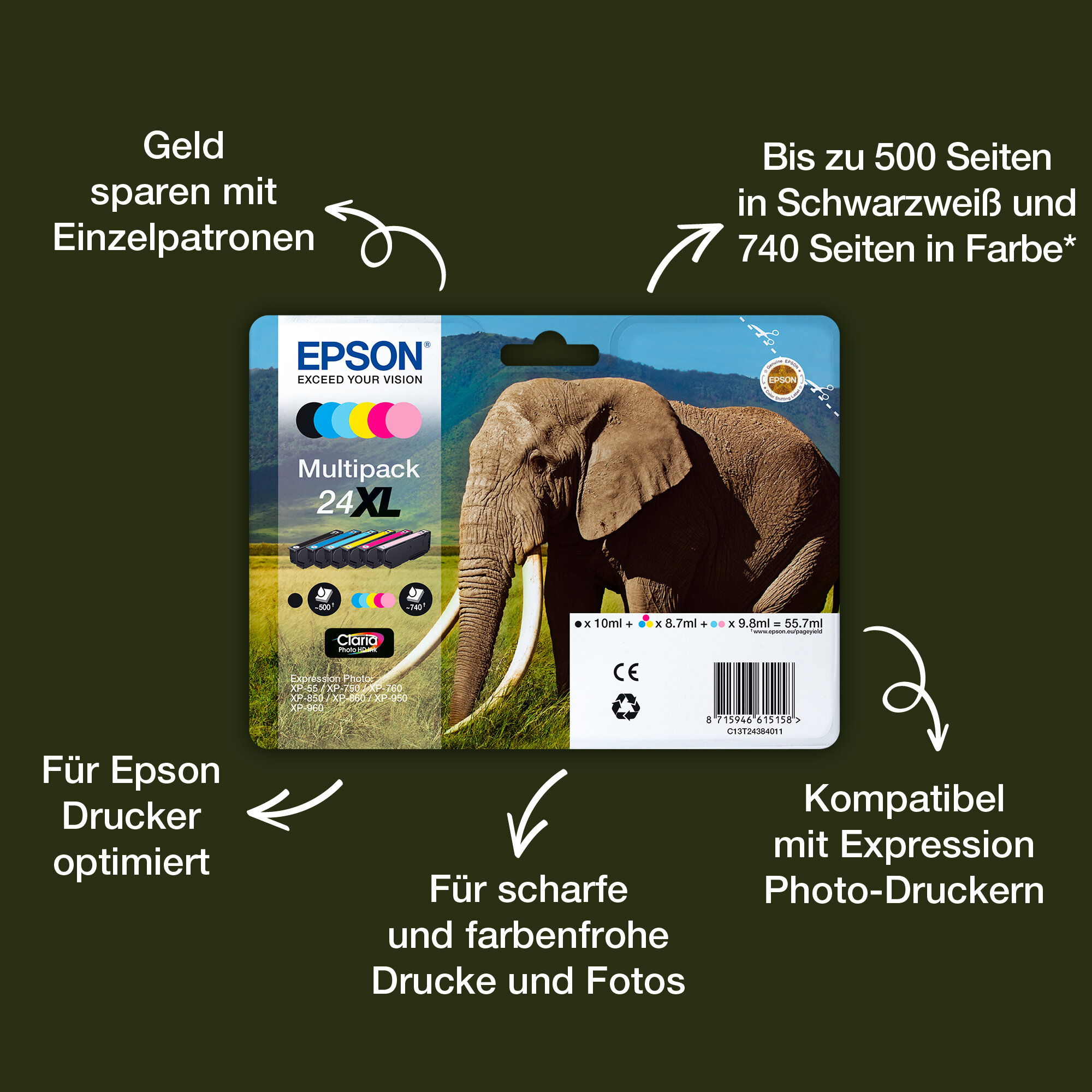 24 Elefant Claria Photo HD Multipack 6 Farben EasyMail Tinte