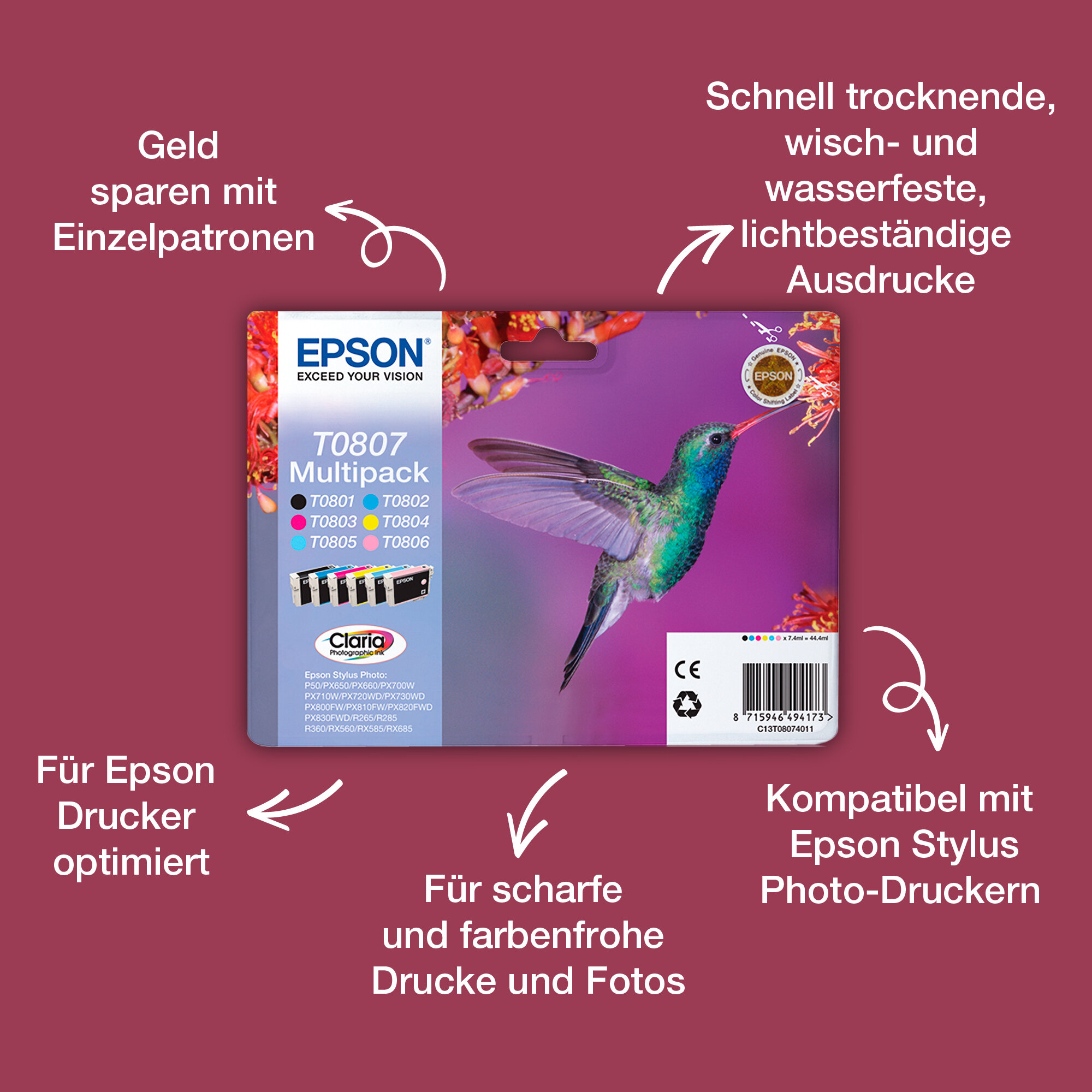 Multipack 6 Farben T0807 Claria Photographic Ink