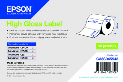 High Gloss Label - Die-cut Roll: 76mm x 127mm, 250 labels