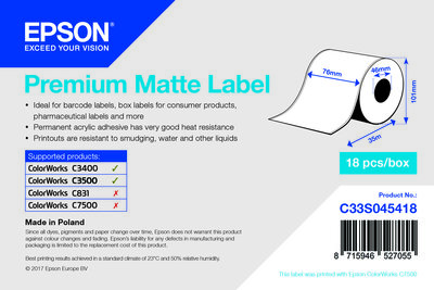 Premium Matte Label Continuous Roll, 76 mm x 35 m