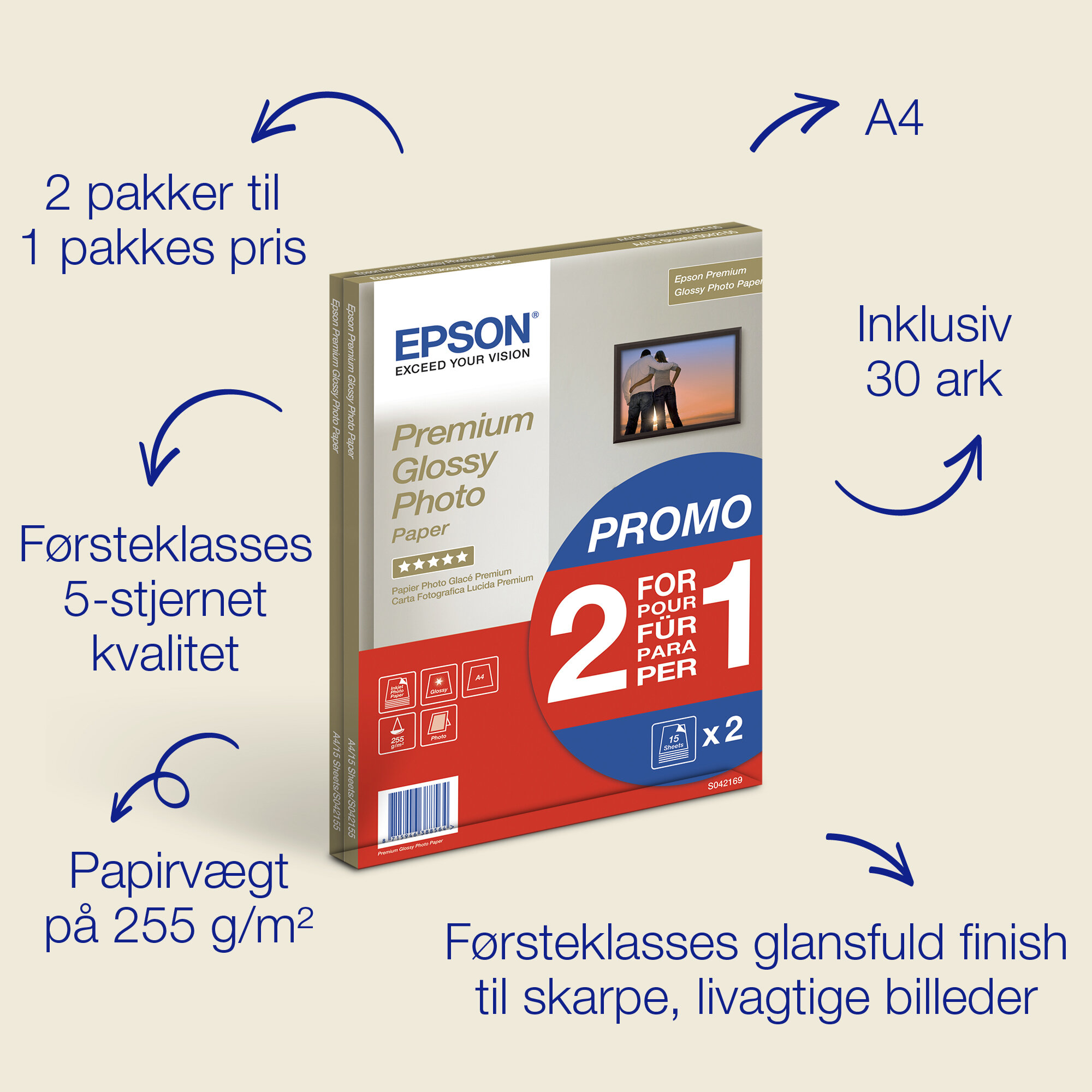Epson A4 Premium blankt fotopapir, 255 g/m², 30 ark