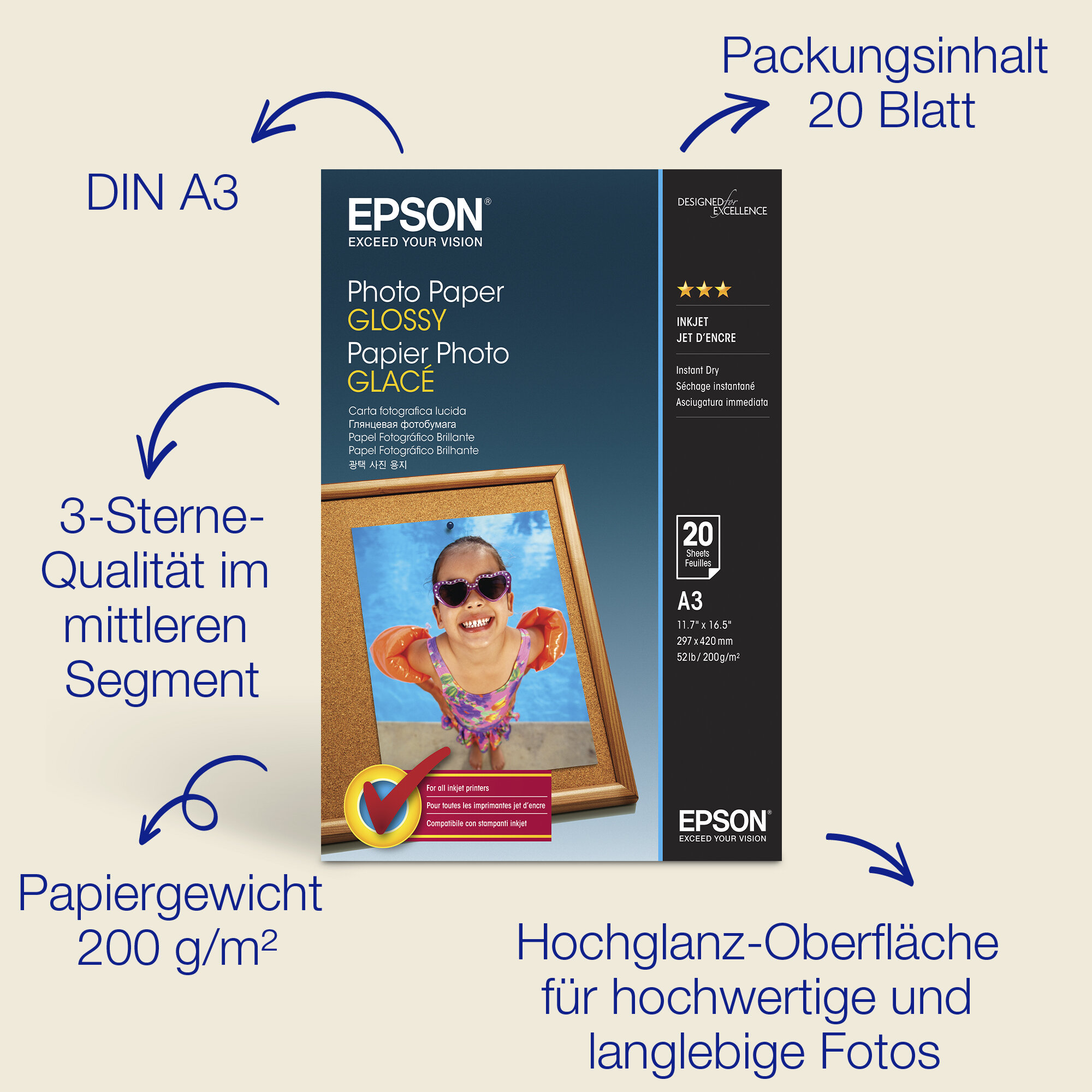 Epson A3 Glossy Photo Paper 200 g/m2, 20 Blatt