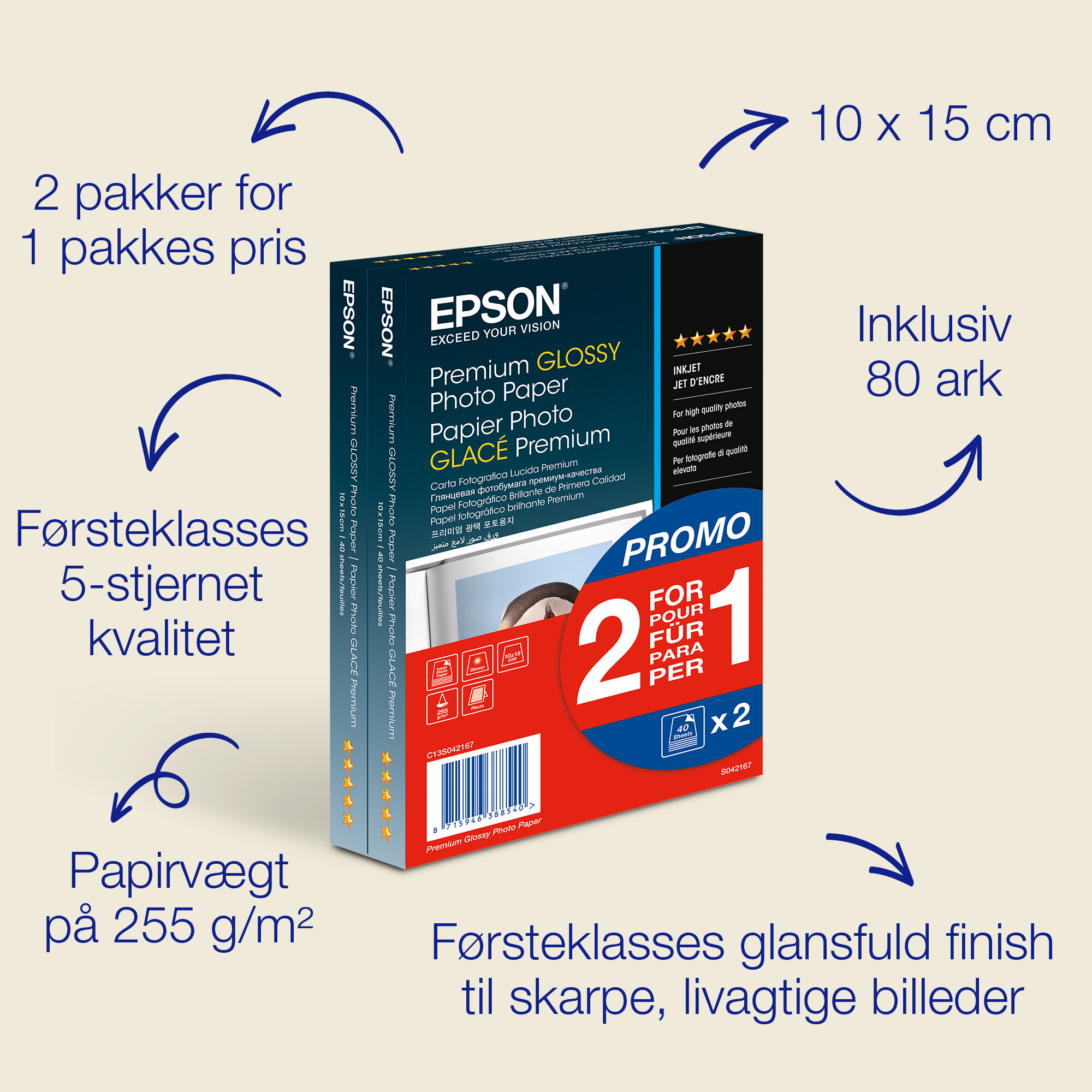 Epson Premium blankt fotopapir, (100 x 150 mm), 255 g/m², 80 ark
