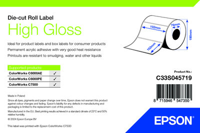 High Gloss Label - Die-cut Roll: 102mm x 152mm, 800 labels
