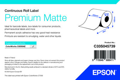 Premium Matte Label - Continuous Roll: 203mm x 60m