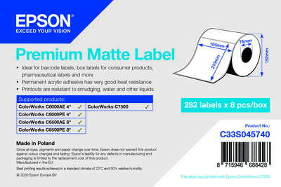 Premium Matte Label - Die-Cut Roll: 105mm x 210mm, 282 labels