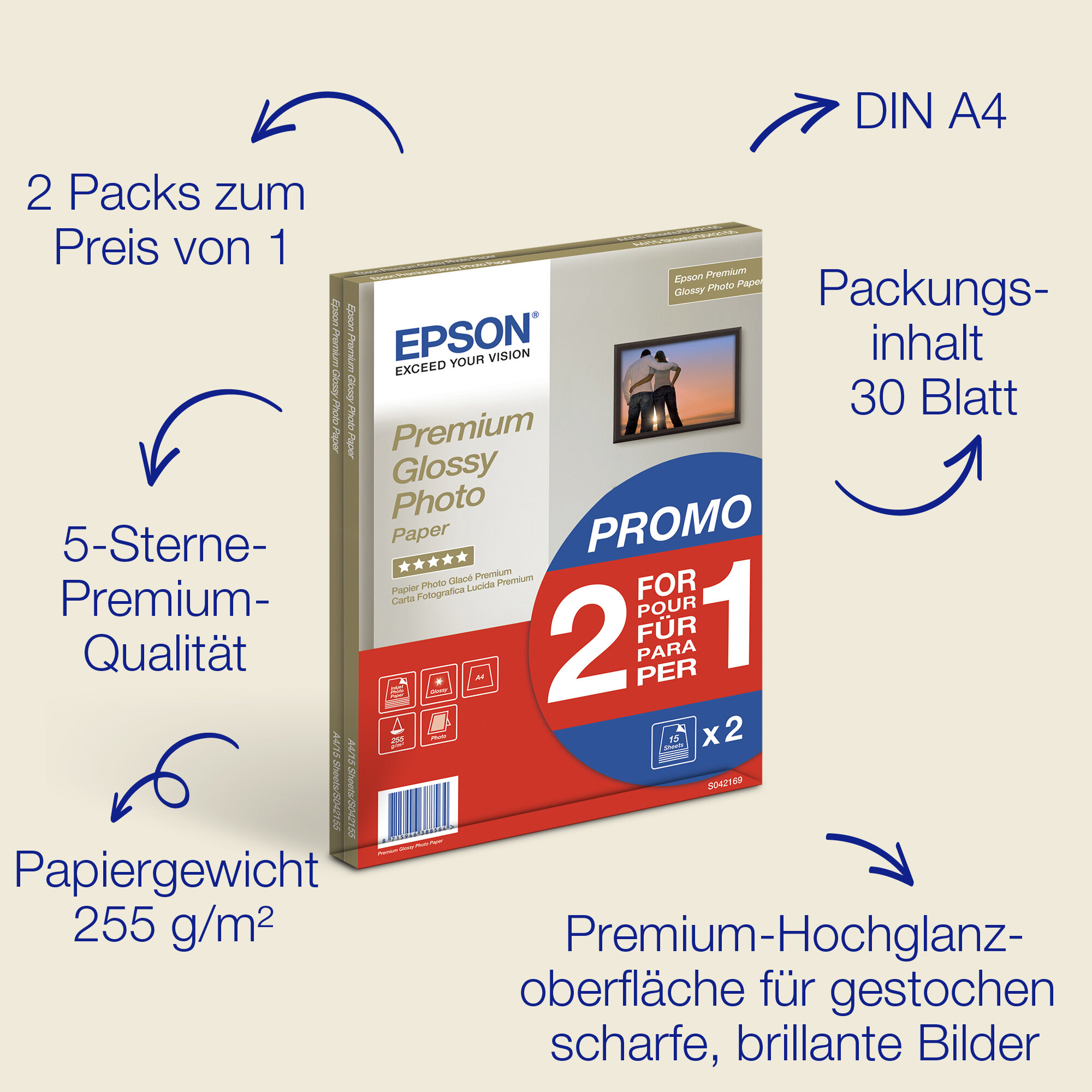 Epson A4 Premium Glossy Photo Paper 255 g/m2, 30 Blatt