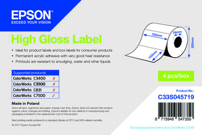 High Gloss Label - Die-cut Roll: 102mm x 152mm, 800 labels
