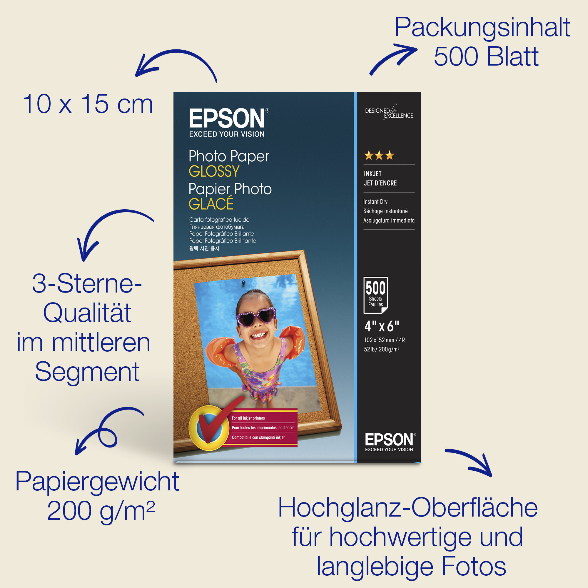 Epson Glossy Photo Paper (100 x 150 mm), 200 g/m2, 500 Blatt
