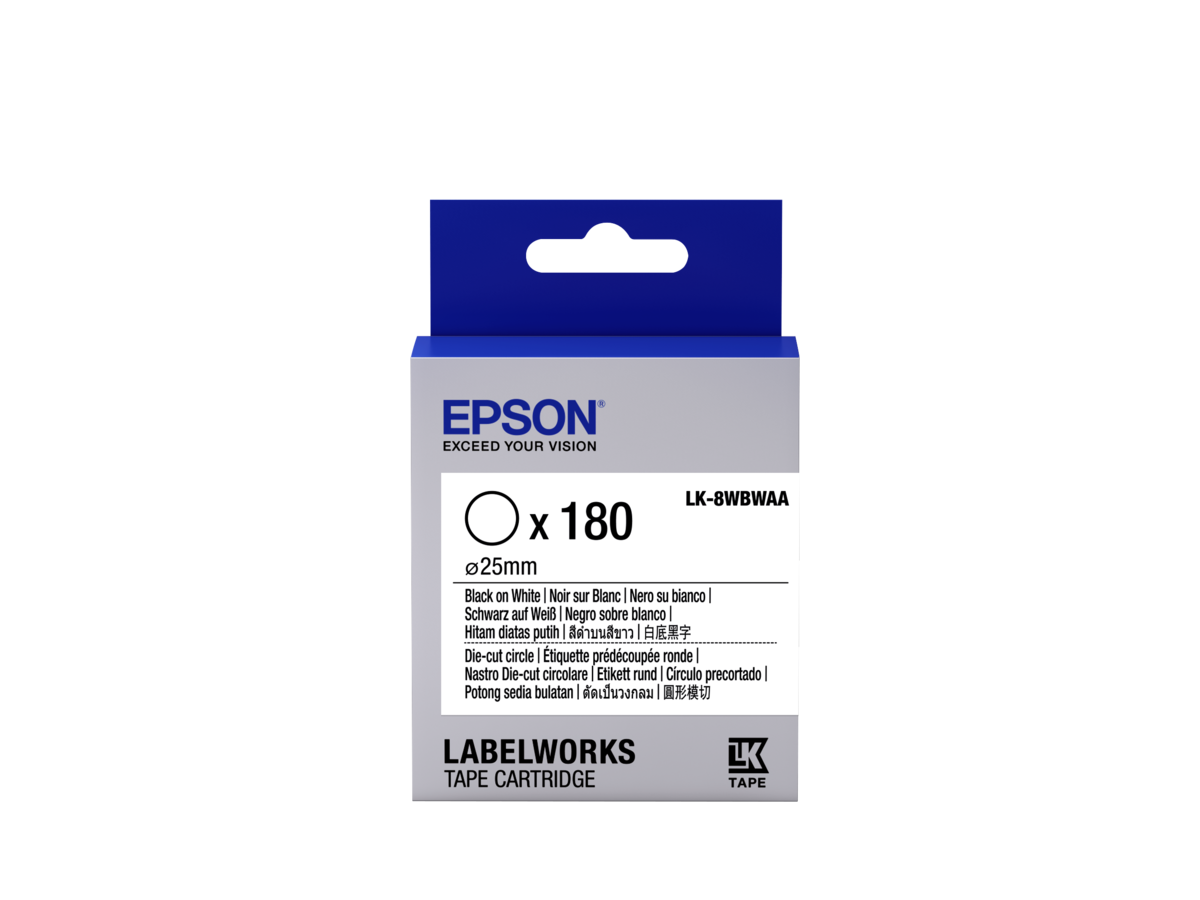 folie 1 von 2, vergrößern, epson etikettenkassette lk-8wbwaa - die-cut rund - schwarz auf weiß - durchmesser 25mm (180 etiketten)